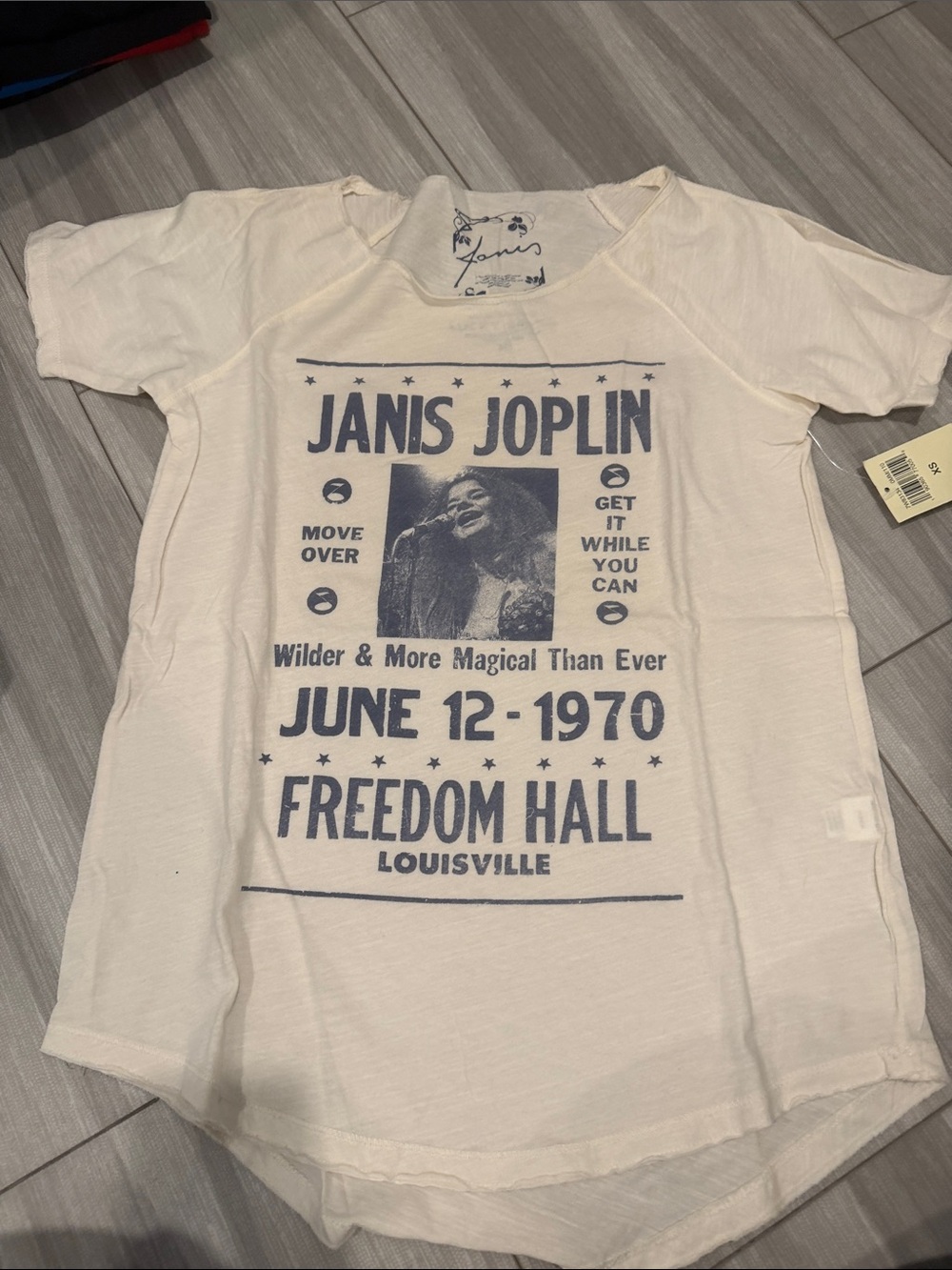 Lucky Brand Cream Tee with Blue Janis Joplin Graphic